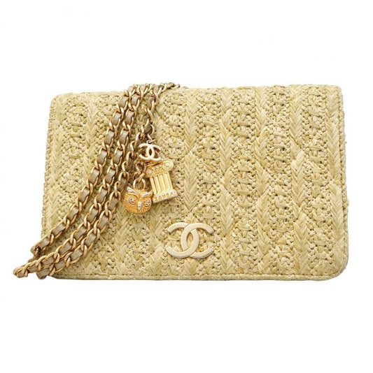 Chanel Shoulder Wallet Raffia Beige Gold Hardware Women