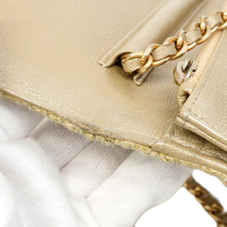Chanel Shoulder Wallet Raffia Beige Gold Hardware Women