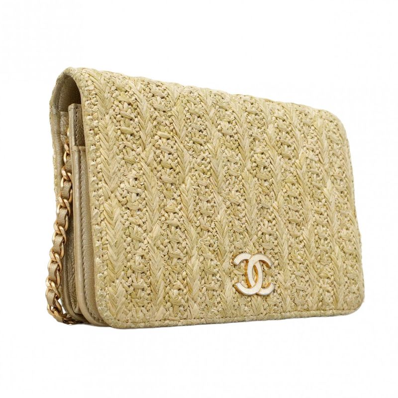 Chanel Shoulder Wallet Raffia Beige Gold Hardware Women