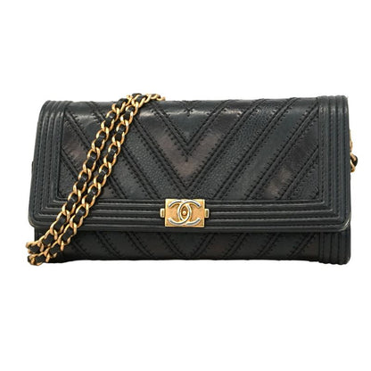 Chanel Shoulder Wallet Boy Chanel/v Stitching Leather Black Gold Hardware Women