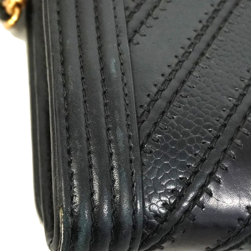 Chanel Shoulder Wallet Boy Chanel/v Stitching Leather Black Gold Hardware Women