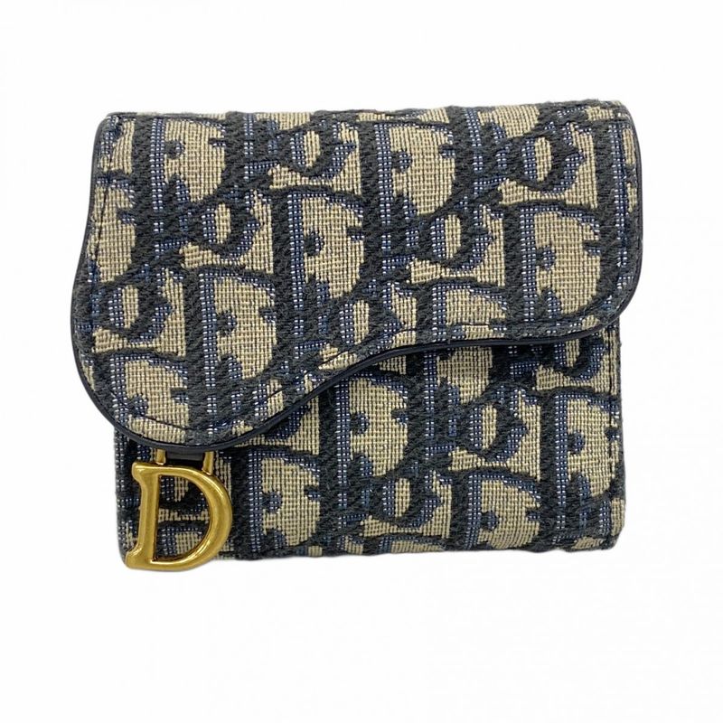 Christian Dior Trifold Wallet Oblique Saddle Canvas Navy Gold Hardware Women