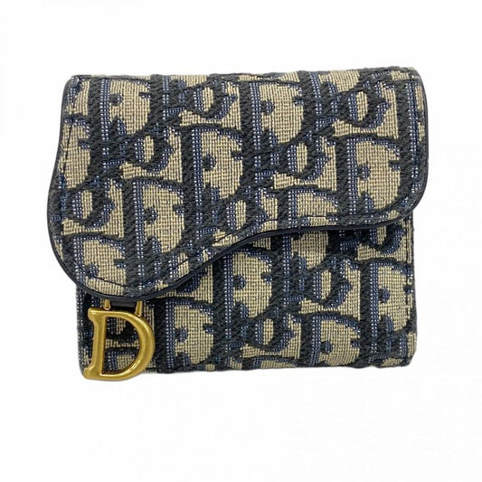 Christian Dior Trifold Wallet Oblique Saddle Canvas Navy Gold Hardware Women