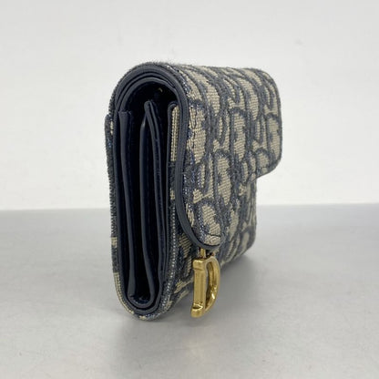 Christian Dior Trifold Wallet Oblique Saddle Canvas Navy Gold Hardware Women