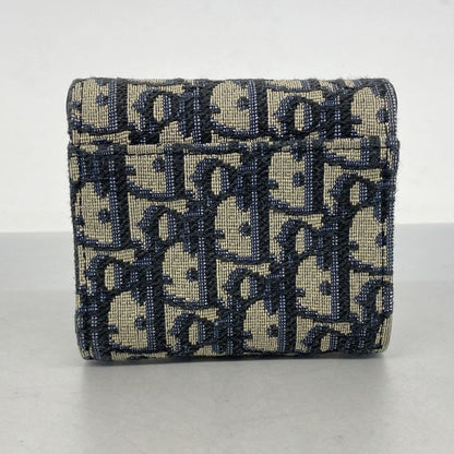 Christian Dior Trifold Wallet Oblique Saddle Canvas Navy Gold Hardware Women