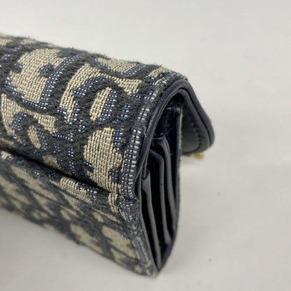 Christian Dior Trifold Wallet Oblique Saddle Canvas Navy Gold Hardware Women