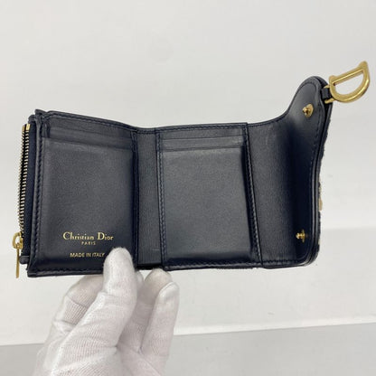 Christian Dior Trifold Wallet Oblique Saddle Canvas Navy Gold Hardware Women