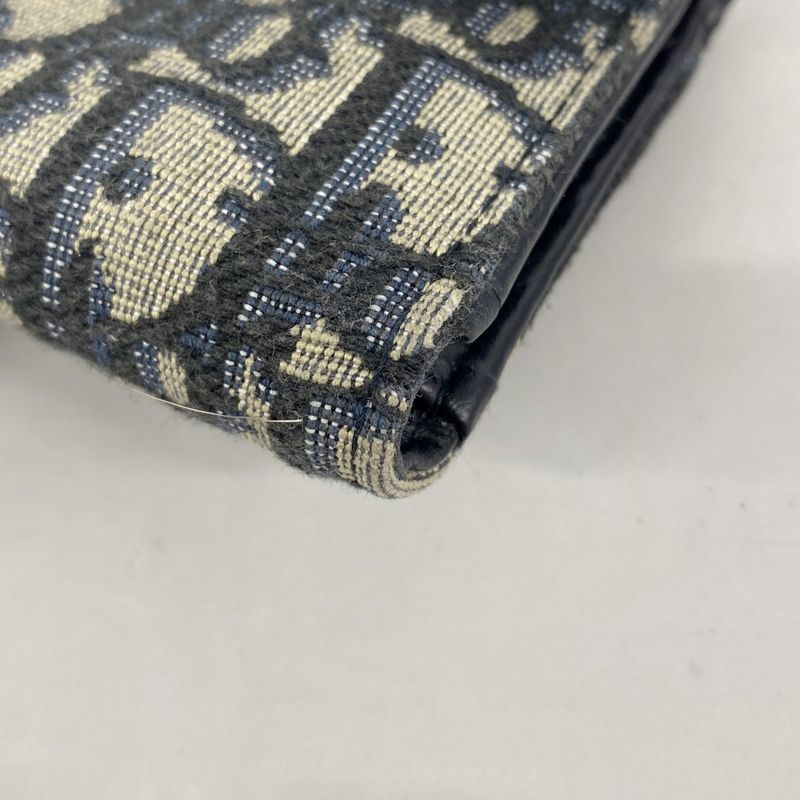 Christian Dior Trifold Wallet Oblique Saddle Canvas Navy Gold Hardware Women