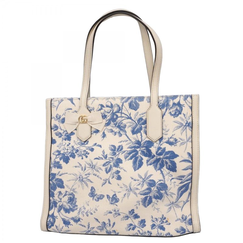 Gucci Tote Bag GG Ribbon/herbarium 432684 Canvas White Blue Chien Pan Gold