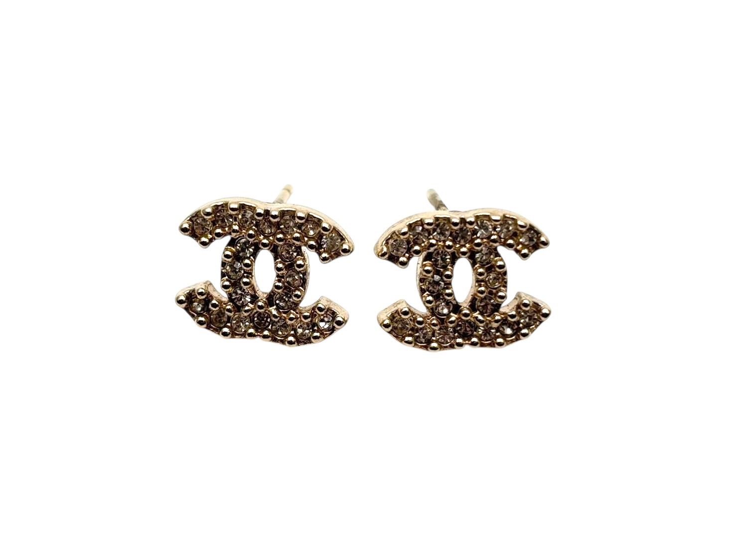 Chanel CC Logo Earrings Rhinestone Metal Gold Plated Clear — view 2