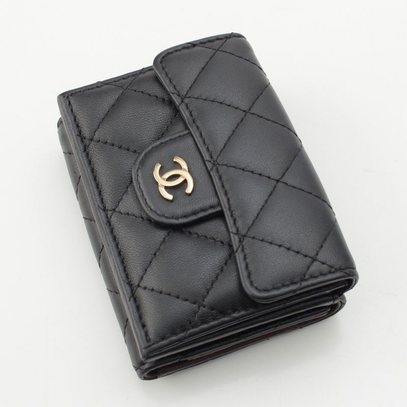 Chanel Lambskin Matelasse Compact Wallet Trifold Black