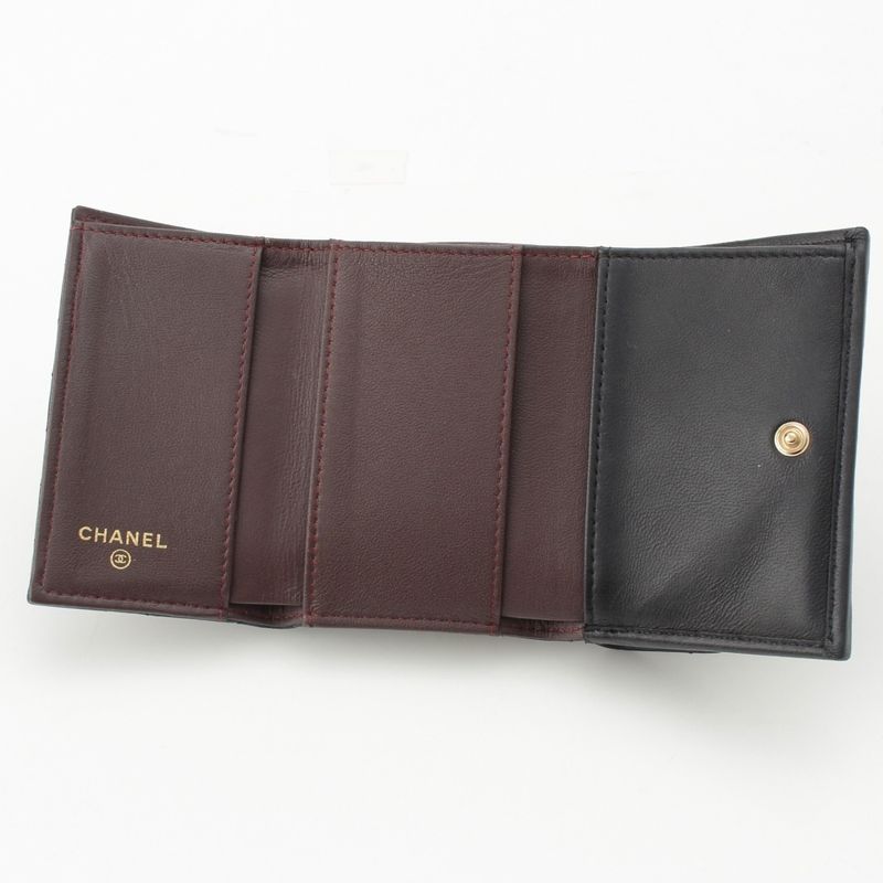 Chanel Lambskin Matelasse Compact Wallet Trifold Black