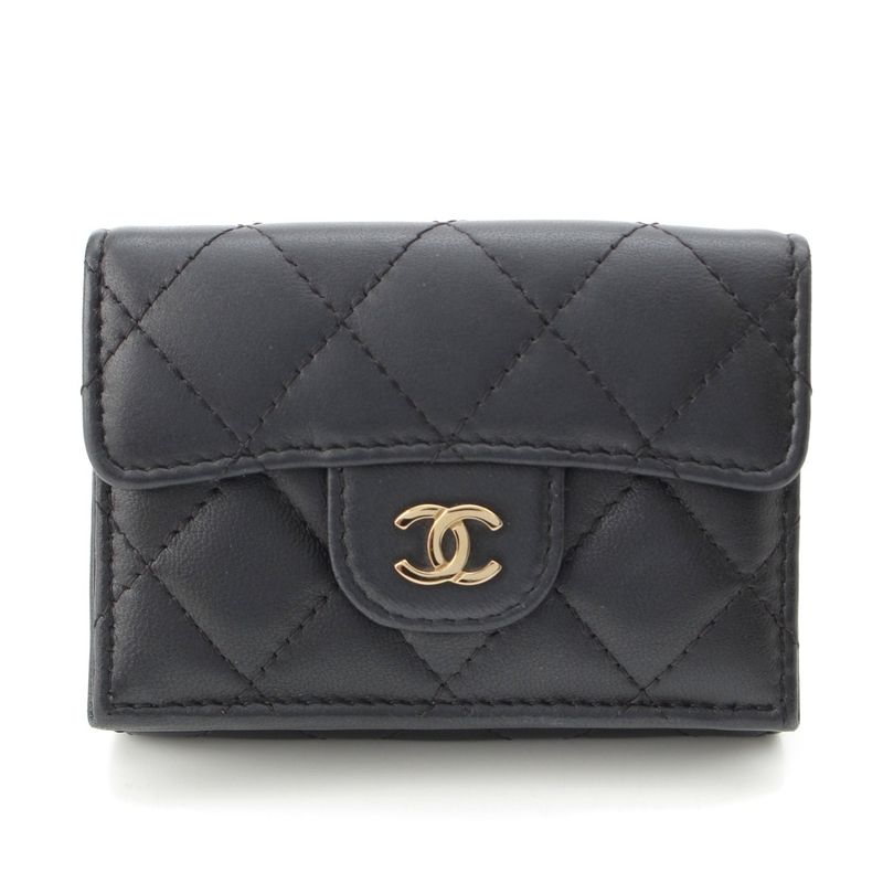 Chanel Lambskin Matelasse Compact Wallet Trifold Black