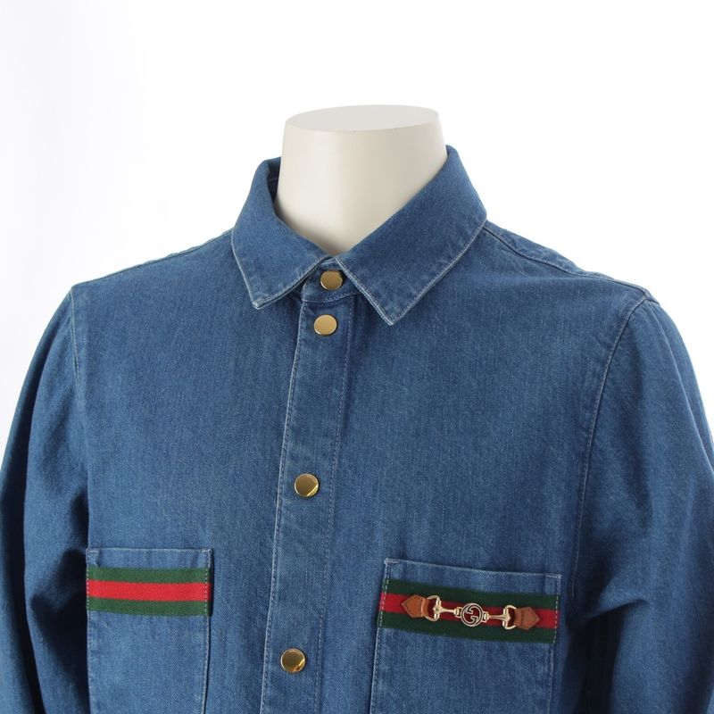 Gucci Webline Sherry Line Denim GG Logo Gold Hardware Long Sleeve Shirt Tops