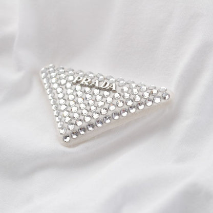 Prada 23 Cotton Triangle Logo Rhinestone Short Sleeve T-shirt Top 35838r White