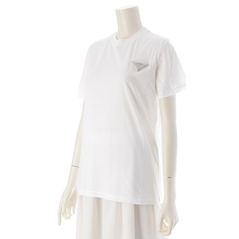 Prada 23 Cotton Triangle Logo Rhinestone Short Sleeve T-shirt Top 35838r White