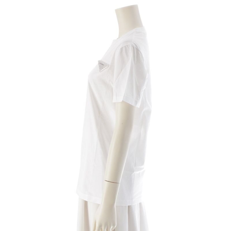 Prada 23 Cotton Triangle Logo Rhinestone Short Sleeve T-shirt Top 35838r White