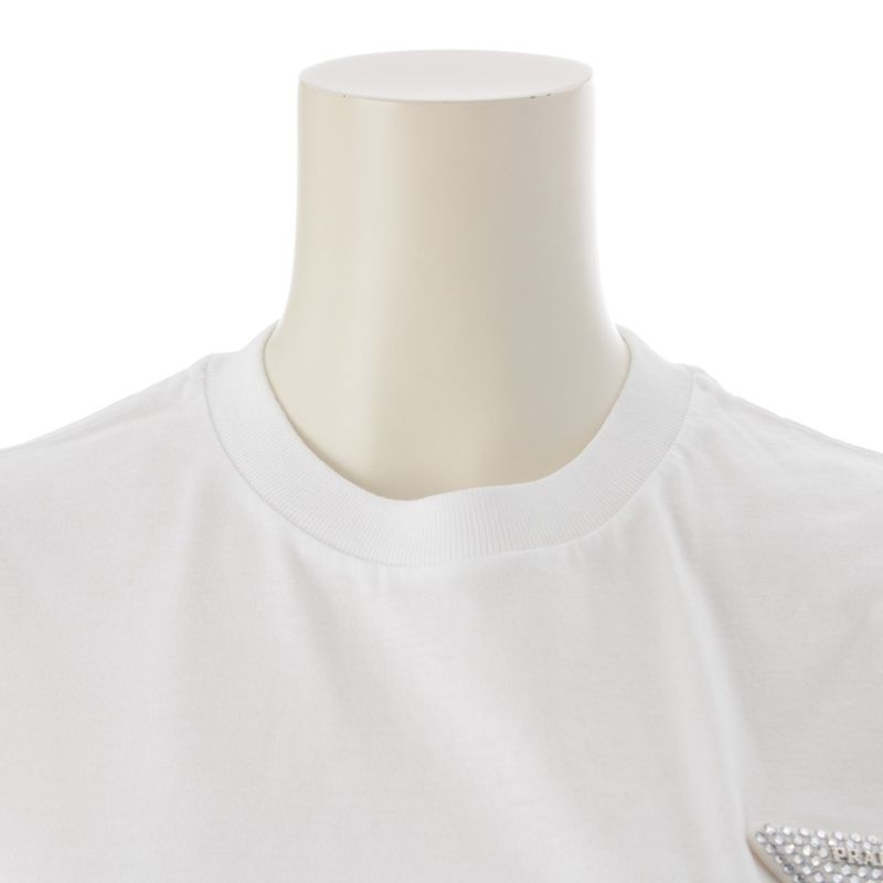 Prada 23 Cotton Triangle Logo Rhinestone Short Sleeve T-shirt Top 35838r White