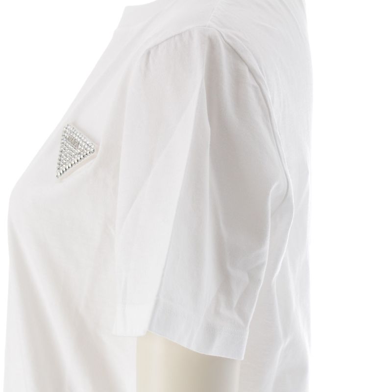 Prada 23 Cotton Triangle Logo Rhinestone Short Sleeve T-shirt Top 35838r White