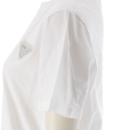 Prada 23 Cotton Triangle Logo Rhinestone Short Sleeve T-shirt Top 35838r White