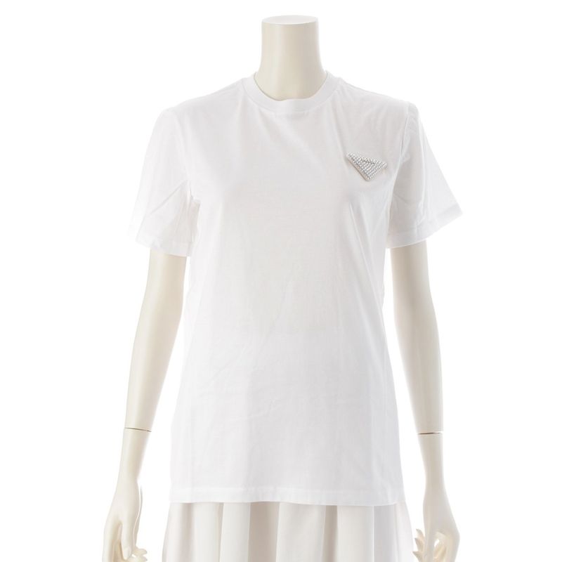 Prada 23 Cotton Triangle Logo Rhinestone Short Sleeve T-shirt Top 35838r White
