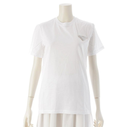 Prada 23 Cotton Triangle Logo Rhinestone Short Sleeve T-shirt Top 35838r White