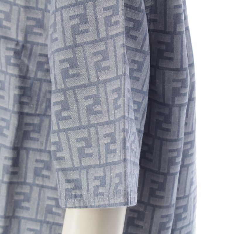 Fendi 24 Denim Zucca Pattern Zip Up Short Sleeve Shirt Jacket Top Flf790 Blue 38