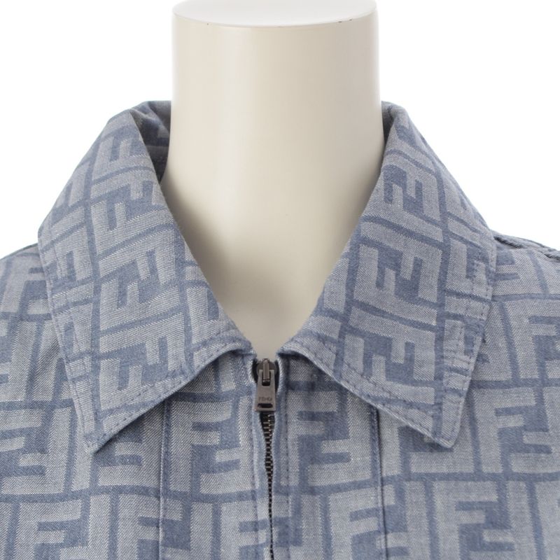 Fendi 24 Denim Zucca Pattern Zip Up Short Sleeve Shirt Jacket Top Flf790 Blue 38
