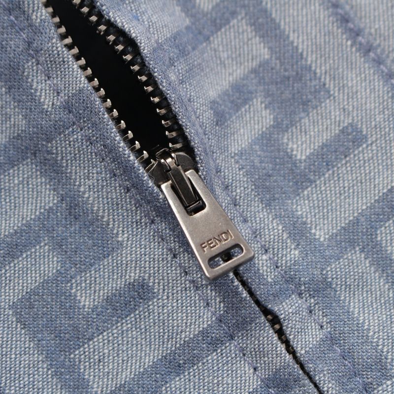 Fendi 24 Denim Zucca Pattern Zip Up Short Sleeve Shirt Jacket Top Flf790 Blue 38