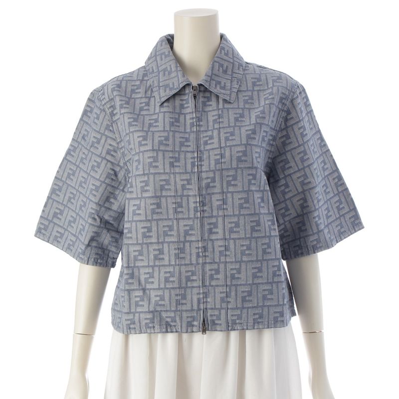 Fendi 24 Denim Zucca Pattern Zip Up Short Sleeve Shirt Jacket Top Flf790 Blue 38