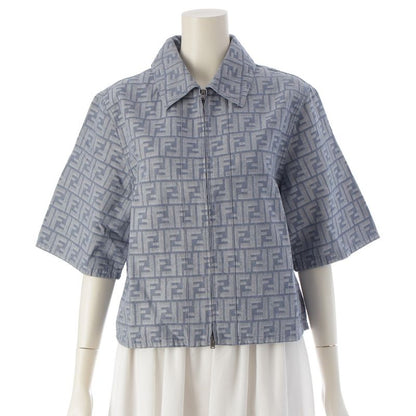 Fendi 24 Denim Zucca Pattern Zip Up Short Sleeve Shirt Jacket Top Flf790 Blue 38