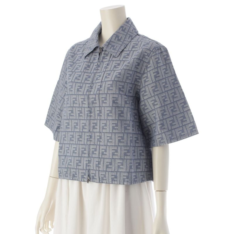 Fendi 24 Denim Zucca Pattern Zip Up Short Sleeve Shirt Jacket Top Flf790 Blue 38