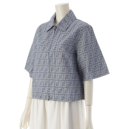 Fendi 24 Denim Zucca Pattern Zip Up Short Sleeve Shirt Jacket Top Flf790 Blue 38