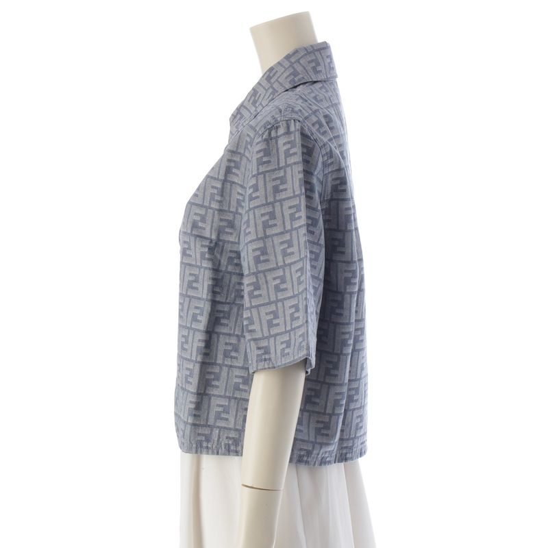Fendi 24 Denim Zucca Pattern Zip Up Short Sleeve Shirt Jacket Top Flf790 Blue 38