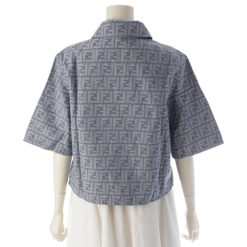 Fendi 24 Denim Zucca Pattern Zip Up Short Sleeve Shirt Jacket Top Flf790 Blue 38
