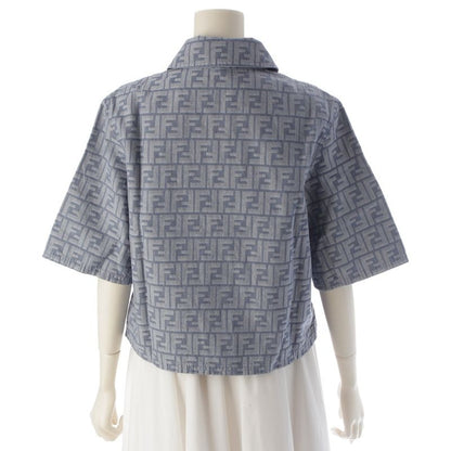 Fendi 24 Denim Zucca Pattern Zip Up Short Sleeve Shirt Jacket Top Flf790 Blue 38