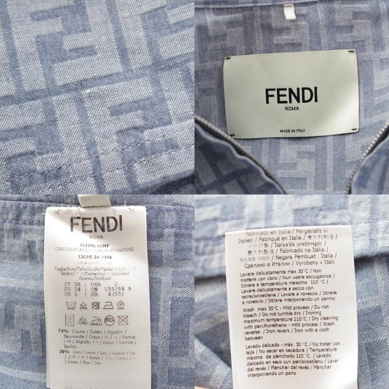 Fendi 24 Denim Zucca Pattern Zip Up Short Sleeve Shirt Jacket Top Flf790 Blue 38