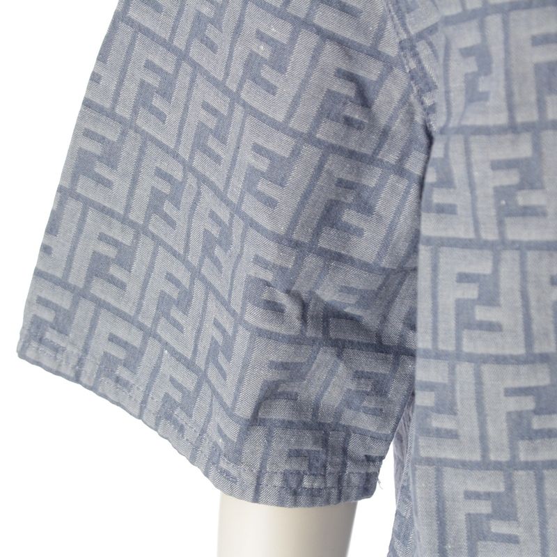 Fendi 24 Denim Zucca Pattern Zip Up Short Sleeve Shirt Jacket Top Flf790 Blue 38