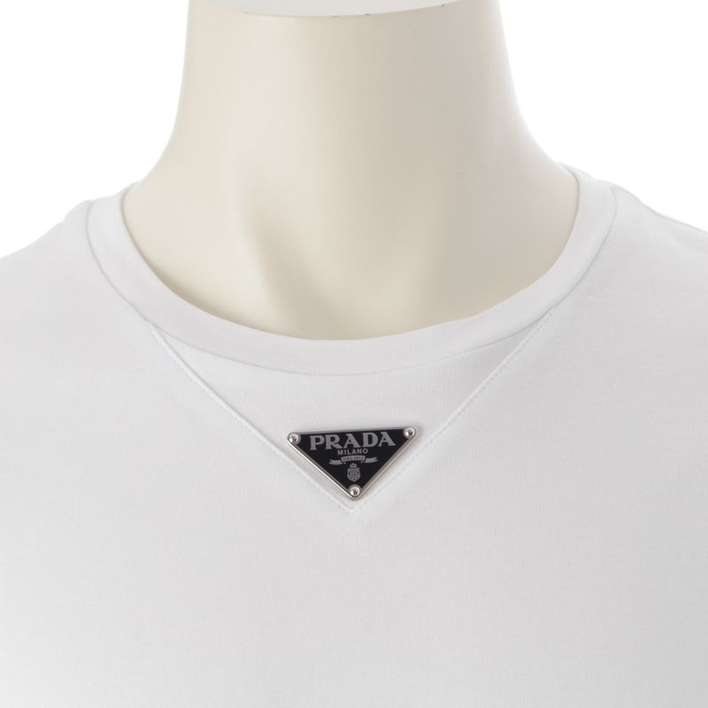Prada Cotton Triangle Logo Cotton Cool Neck Short Sleeve Tee Ujn861 White M