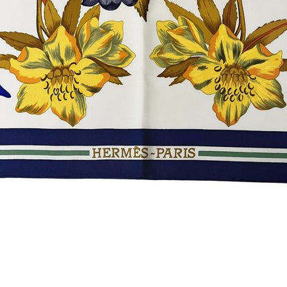 Hermes Scarf Carré 90 White Navy Hellas Flowers Excellent Condition