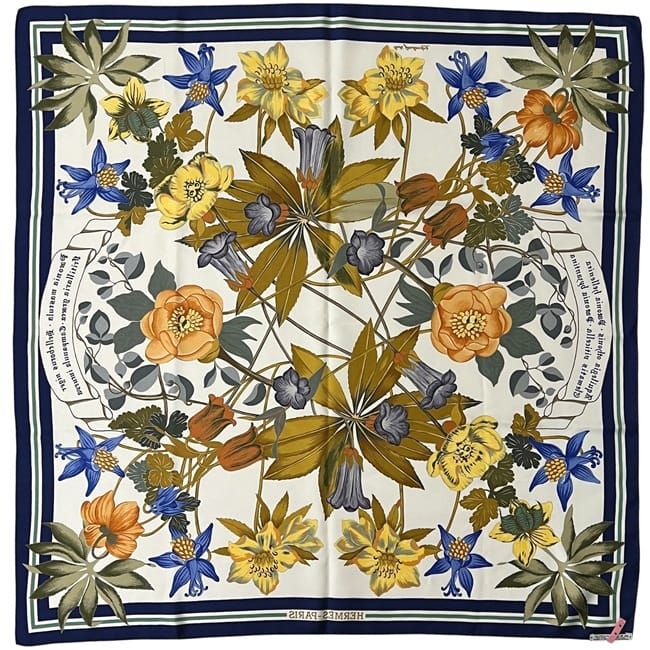 Hermes Scarf Carré 90 White Navy Hellas Flowers Excellent Condition