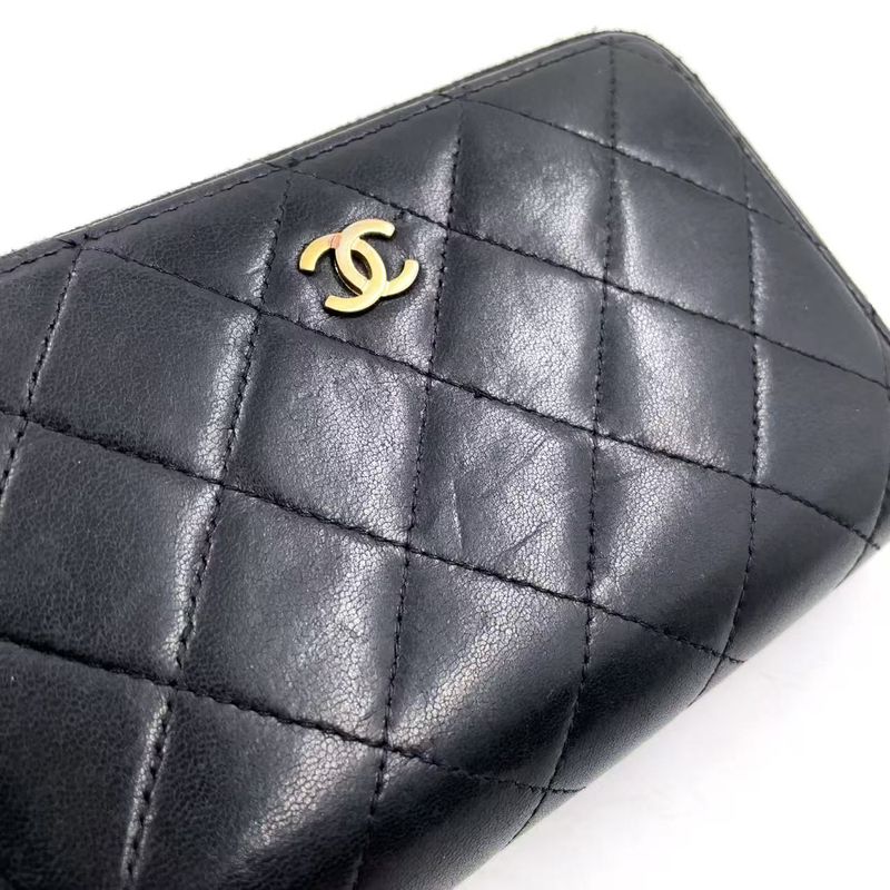 Chanel Matelasse Double Zip Wallet Serial Number 20 Lambskin Black Wallet Gold