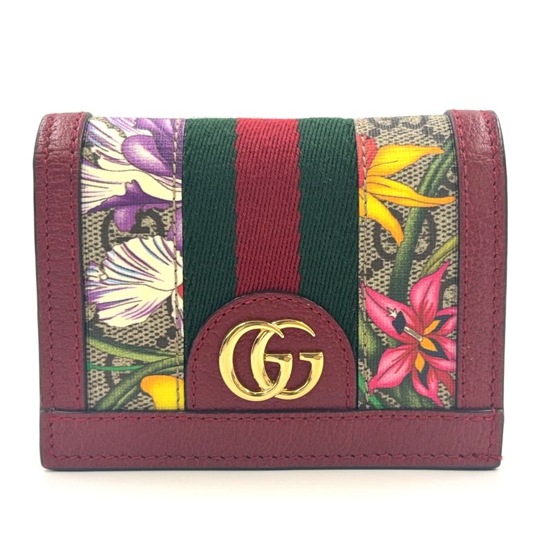 Gucci Offia Flora Fold Leather X Canvas X PVC Beige X Red Wallet Gold