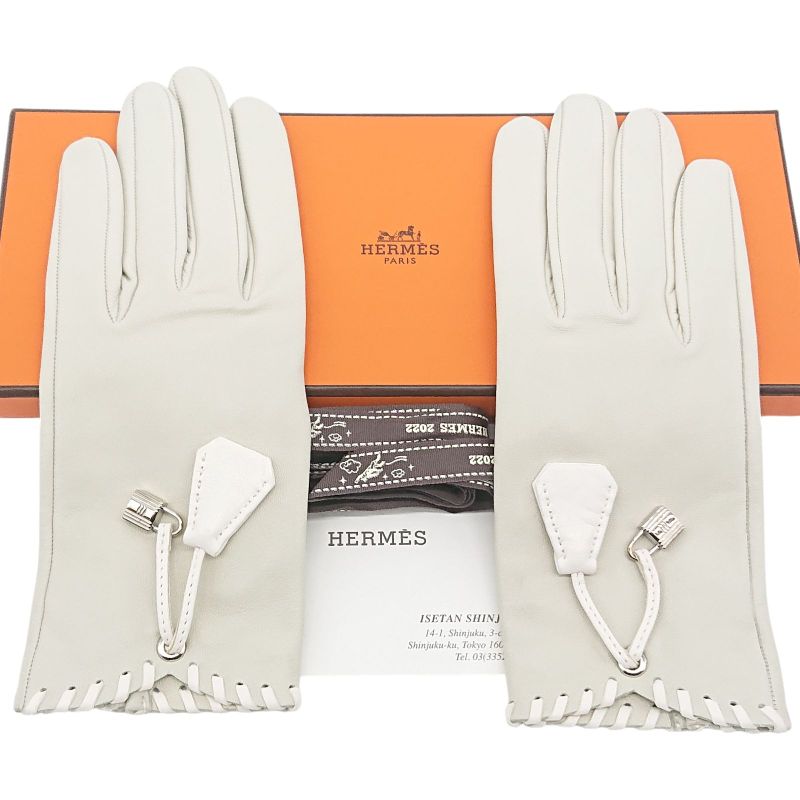 Hermes Gloves Cadenas Clochette #6 1 2 Sold Leather Ivory With Box
