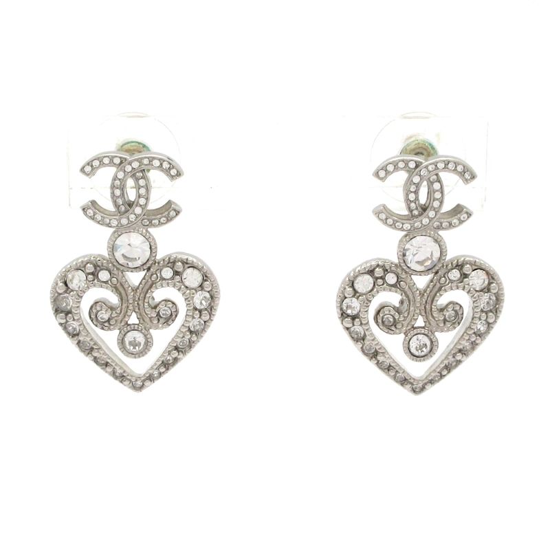 Chanel Earrings Coco Mark Silver X Clear Heart