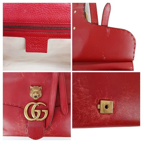 Gucci GG Marmont Taiga Head One Hand Leather Bag Red Gold Color Handbag AA