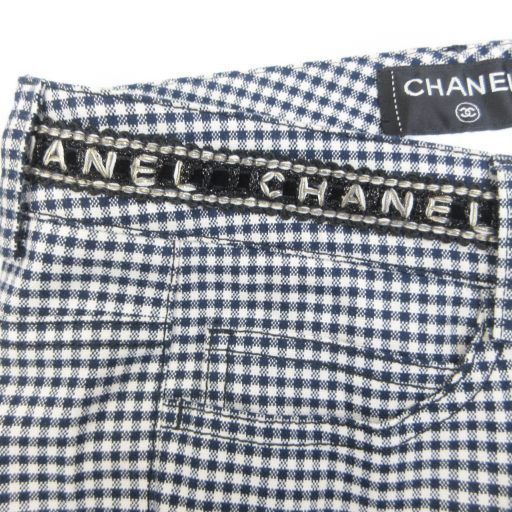 Chanel Gingham Check Slacks Pants Logo Embroidery Lame Hem Zip Domestic Genuine