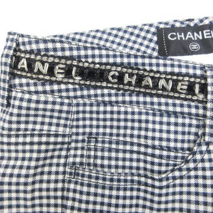 Chanel Gingham Check Slacks Pants Logo Embroidery Lame Hem Zip Domestic Genuine