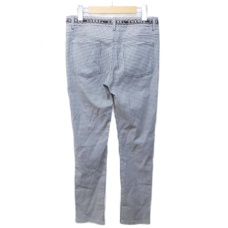 Chanel Gingham Check Slacks Pants Logo Embroidery Lame Hem Zip Domestic Genuine