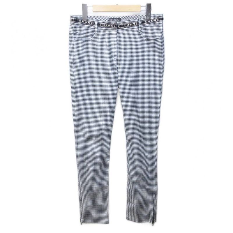 Chanel Gingham Check Slacks Pants Logo Embroidery Lame Hem Zip Domestic Genuine